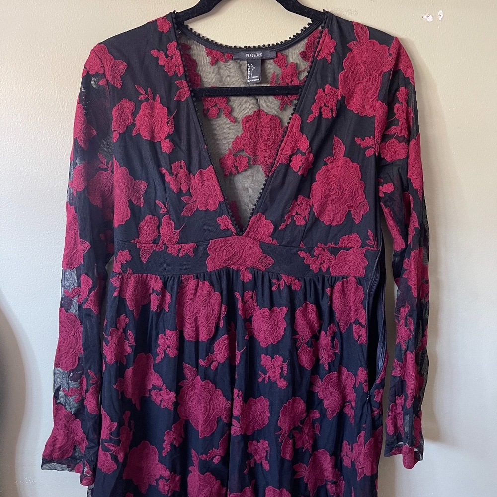 Long Sleeve Embroidered Roses Black Dress
